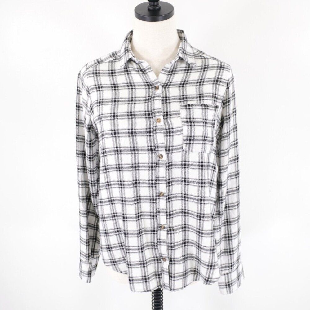 Hollister Boyfriend Fit XS White Black Plaid Flannel Button Front Shirt Top